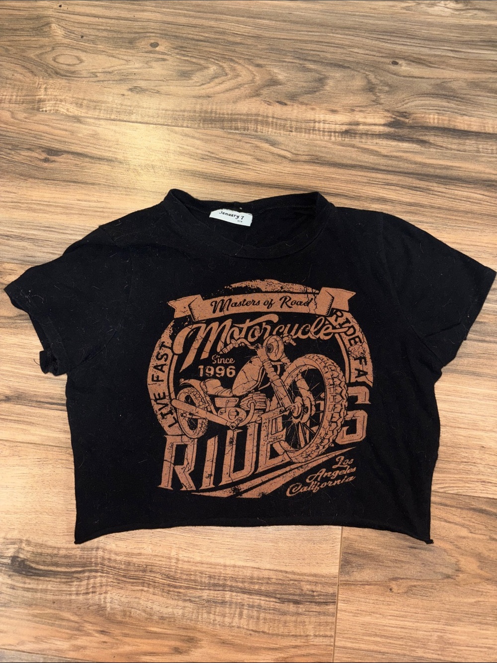 January 7 Black Crop Tee with Brown Motorcycle Graphic
